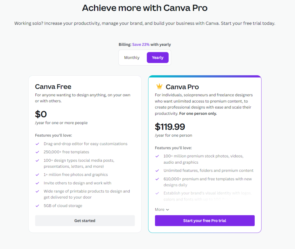 Canva plans and pricing